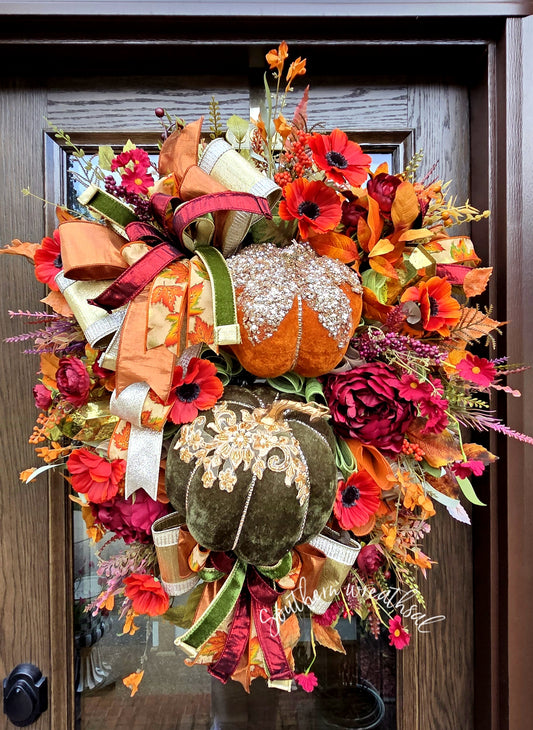 Deluxe Glam Velvet Pumpkin & Jeweled Fall Door Wreath
