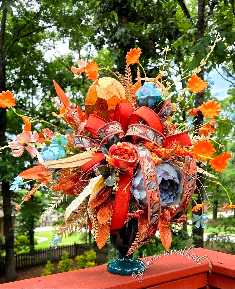 Luxury Fall Floral Arrangement Teal & Orange Jewel Decor