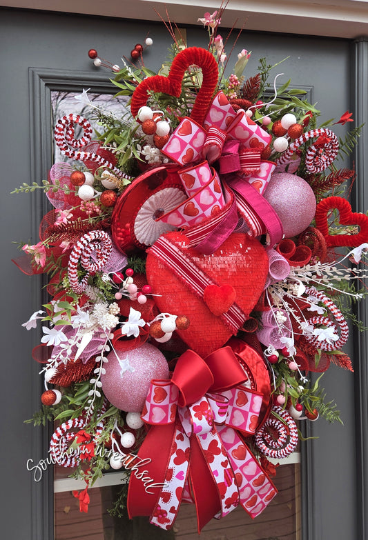 Red Hearts Valentine's Day Luxury Front Door Wreath