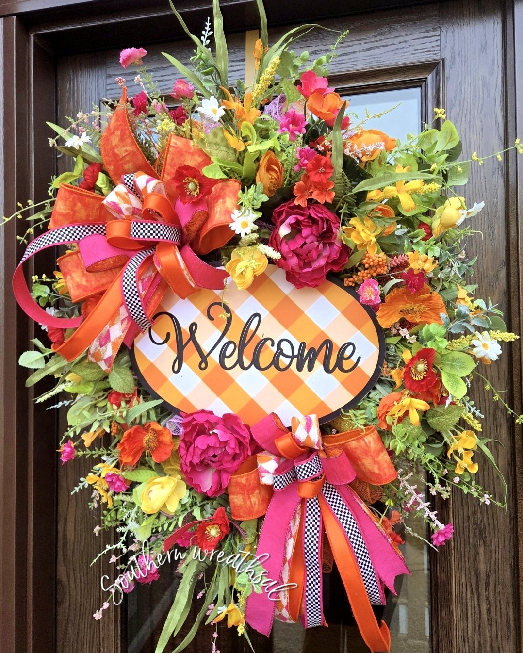 Deluxe Orange and Pink Spring Peony Welcome Door Wreath
