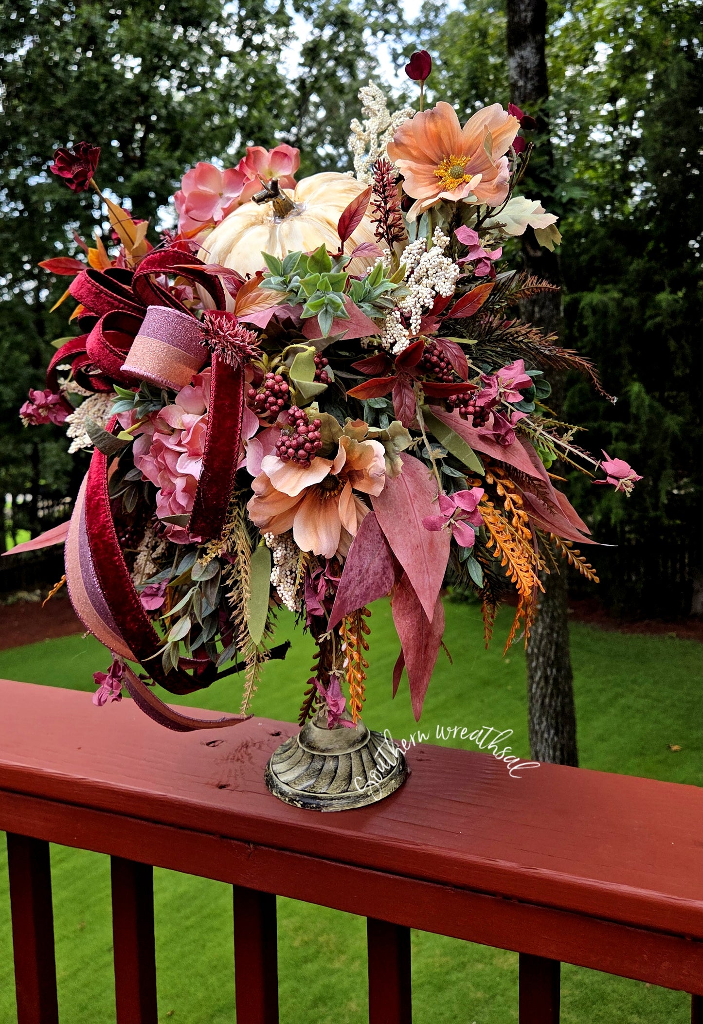 Deluxe Mauve Burgundy Pumpkin Floral Arrangement