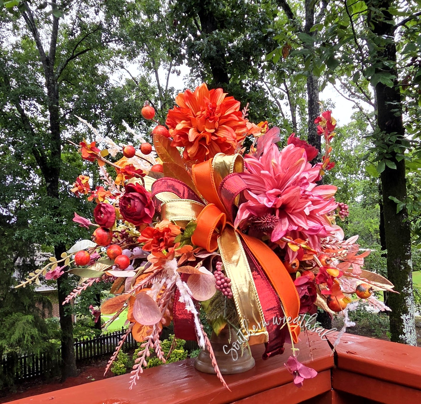 Deluxe Orange & Burgundy Dahlia Fall Floral Arrangement