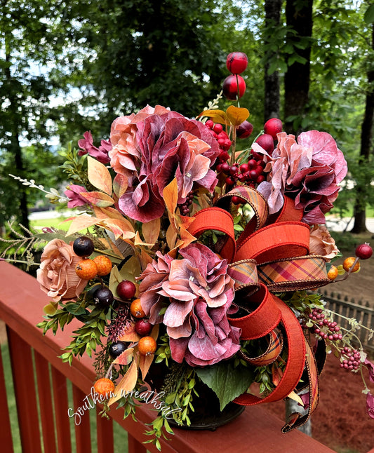 Elegant Hydrangea Fall Centerpiece, Burgundy Orange Autumn Floral Arrangement