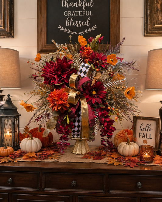 Elegant Burgundy Orange Fall Floral Arrangement, Gold Candlestick Centerpiece