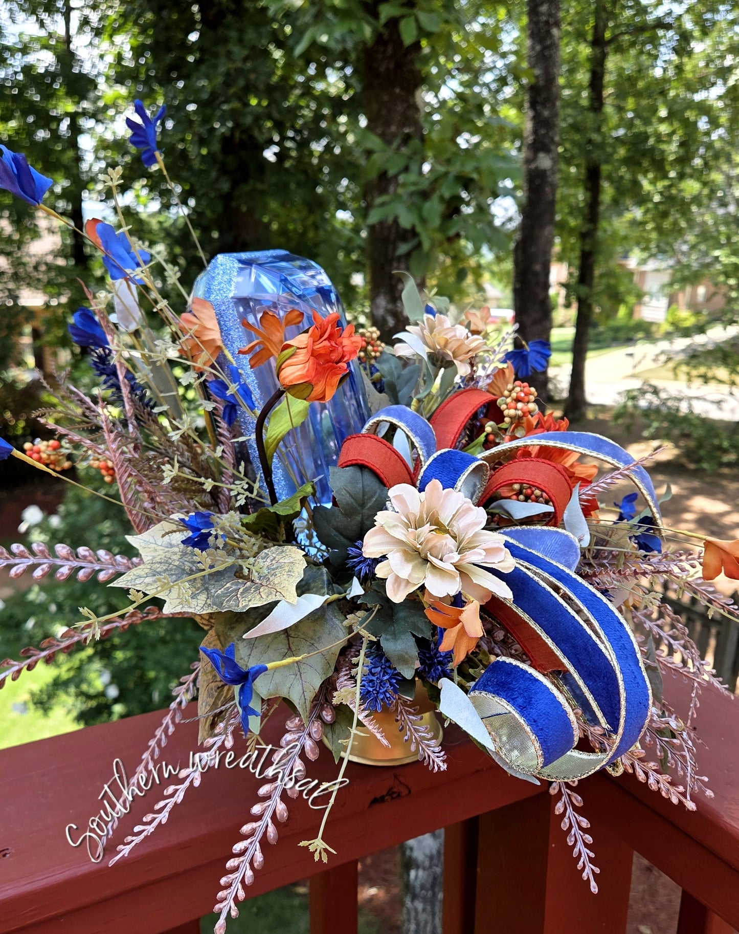 Luxury Blue Jewel Fall Centerpiece, Elegant Autumn Floral Arrangement