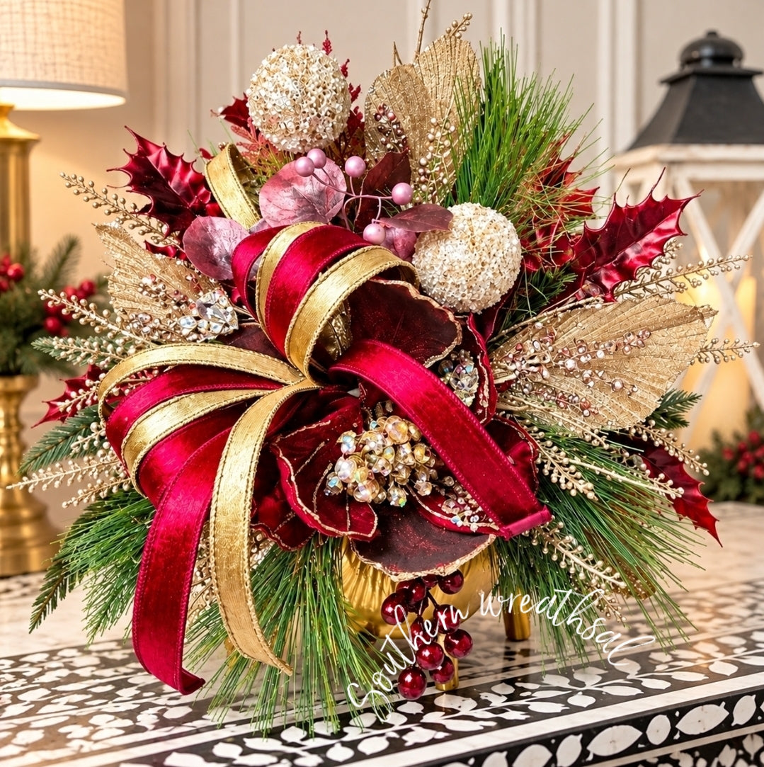 Elegant Burgundy Velvet Magnolia Christmas Centerpiece