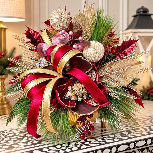 Elegant Burgundy Velvet Magnolia Christmas Centerpiece