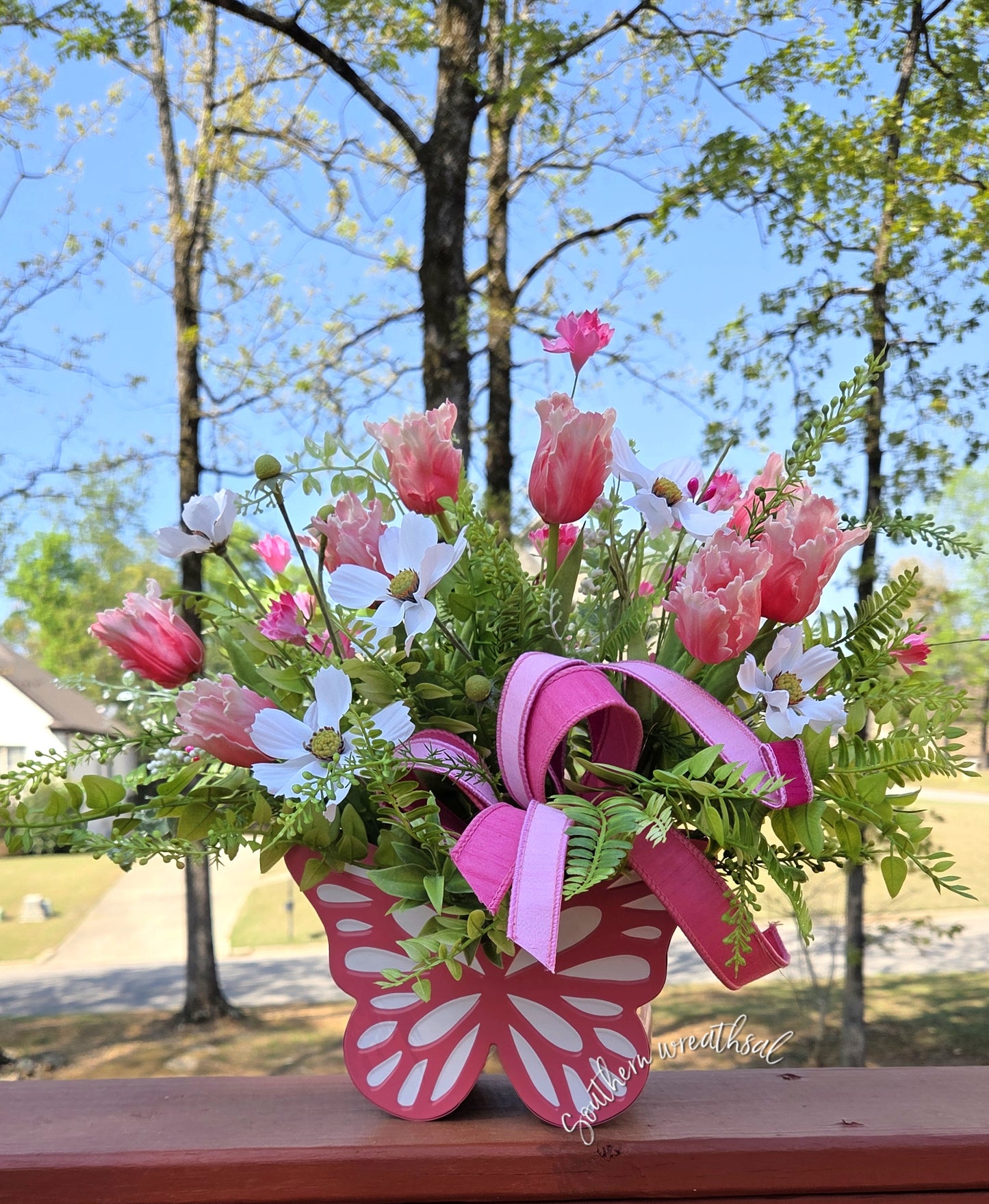 Pink Parrot Tulip Butterfly Floral Arrangement – Spring Summer Centerpiece with Designer Ribbon Bow and Lush Greenery
