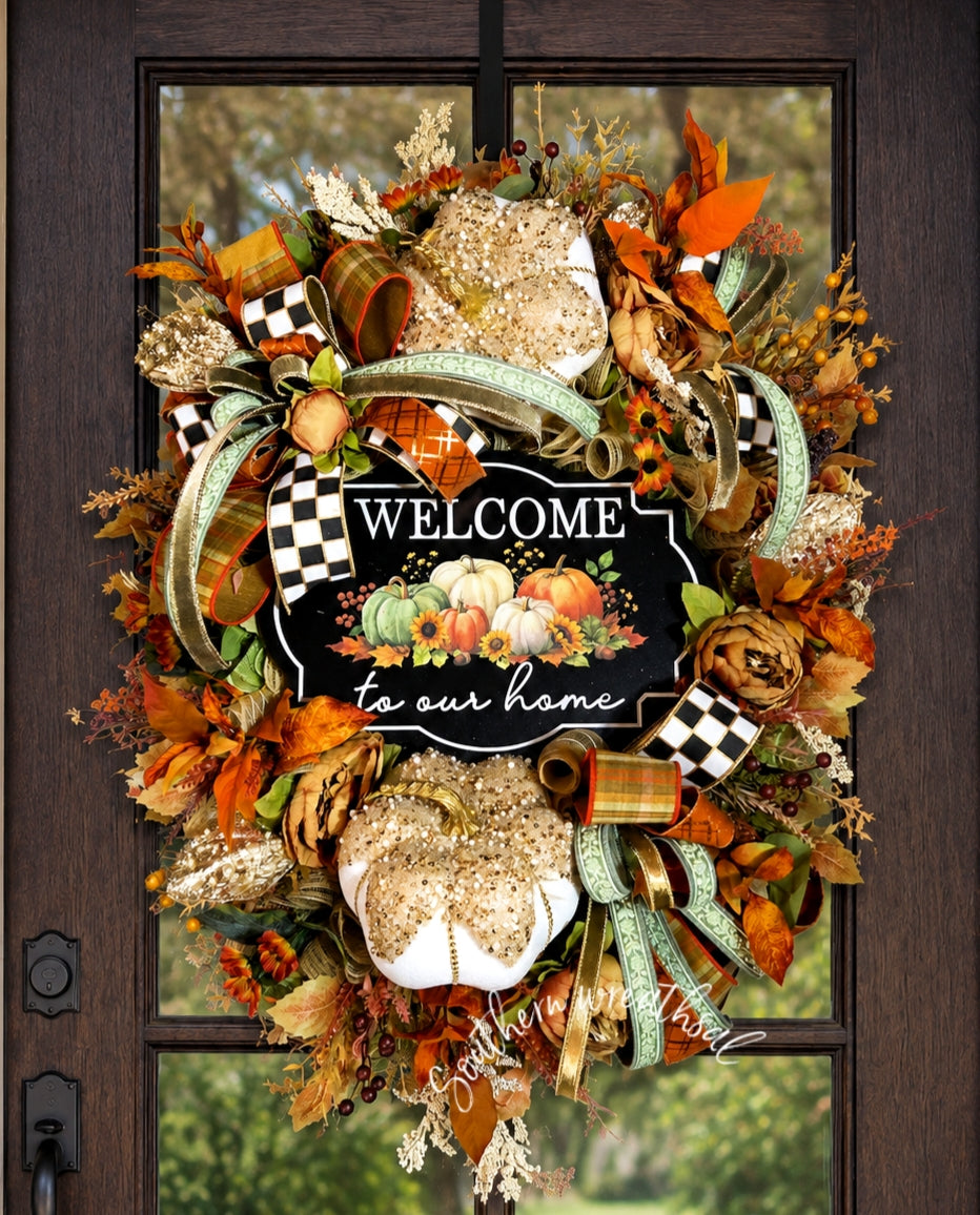 Luxury Jeweled Pumpkin Fall Wreath – Welcome to Our Home Designer Door Wreath