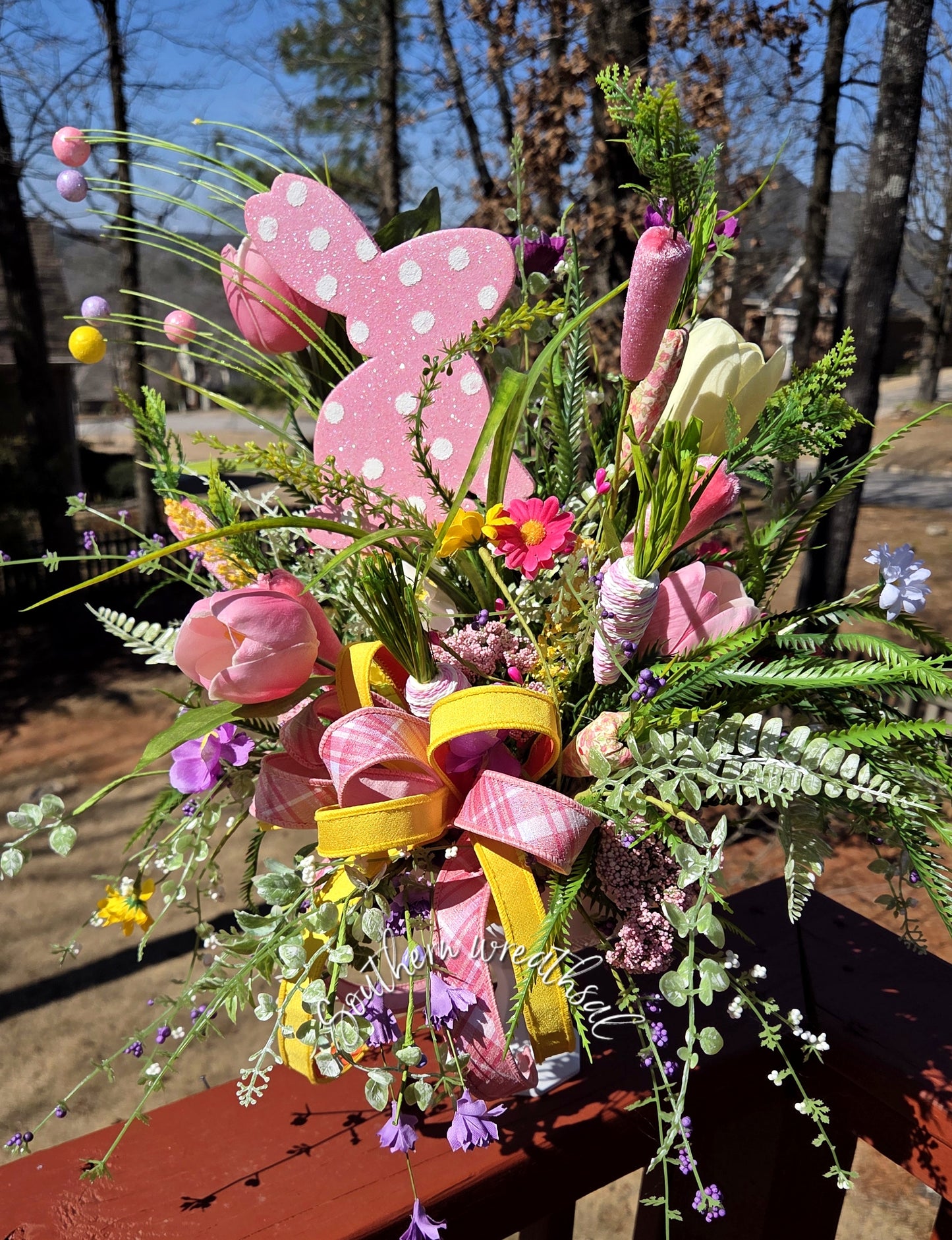 Pink Polka Dot Easter Bunny Arrangement, Spring Tulip Floral Centerpiece