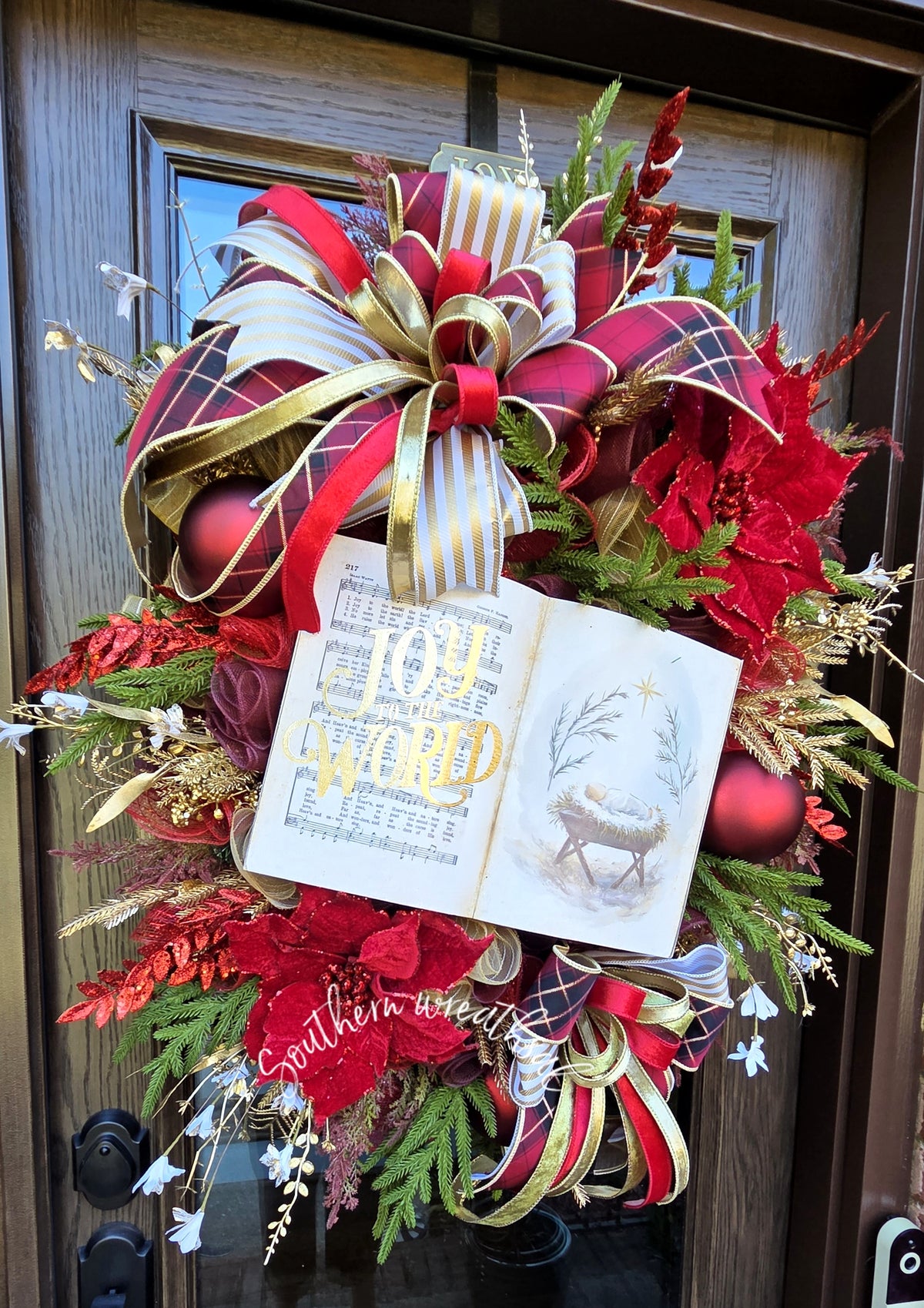 Joy to the World Christmas Wreath | Red, Burgundy & Gold Nativity Holiday Wreath