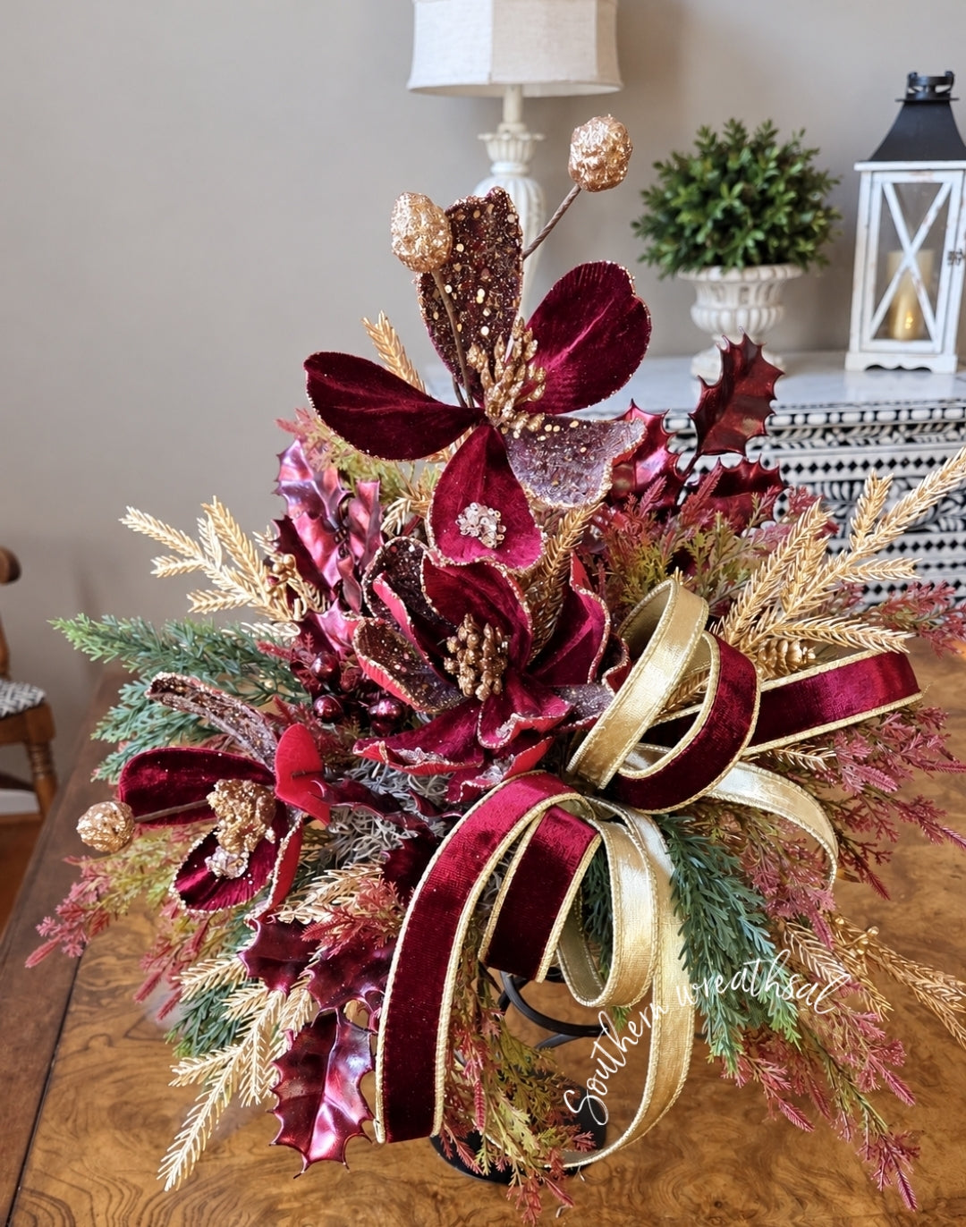 Burgundy & Gold Magnolia Christmas Centerpiece | Luxury Holiday Floral