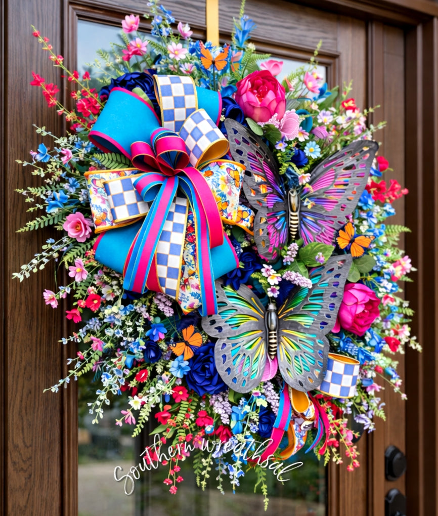 Double Butterfly Pink Spring Door Wreath