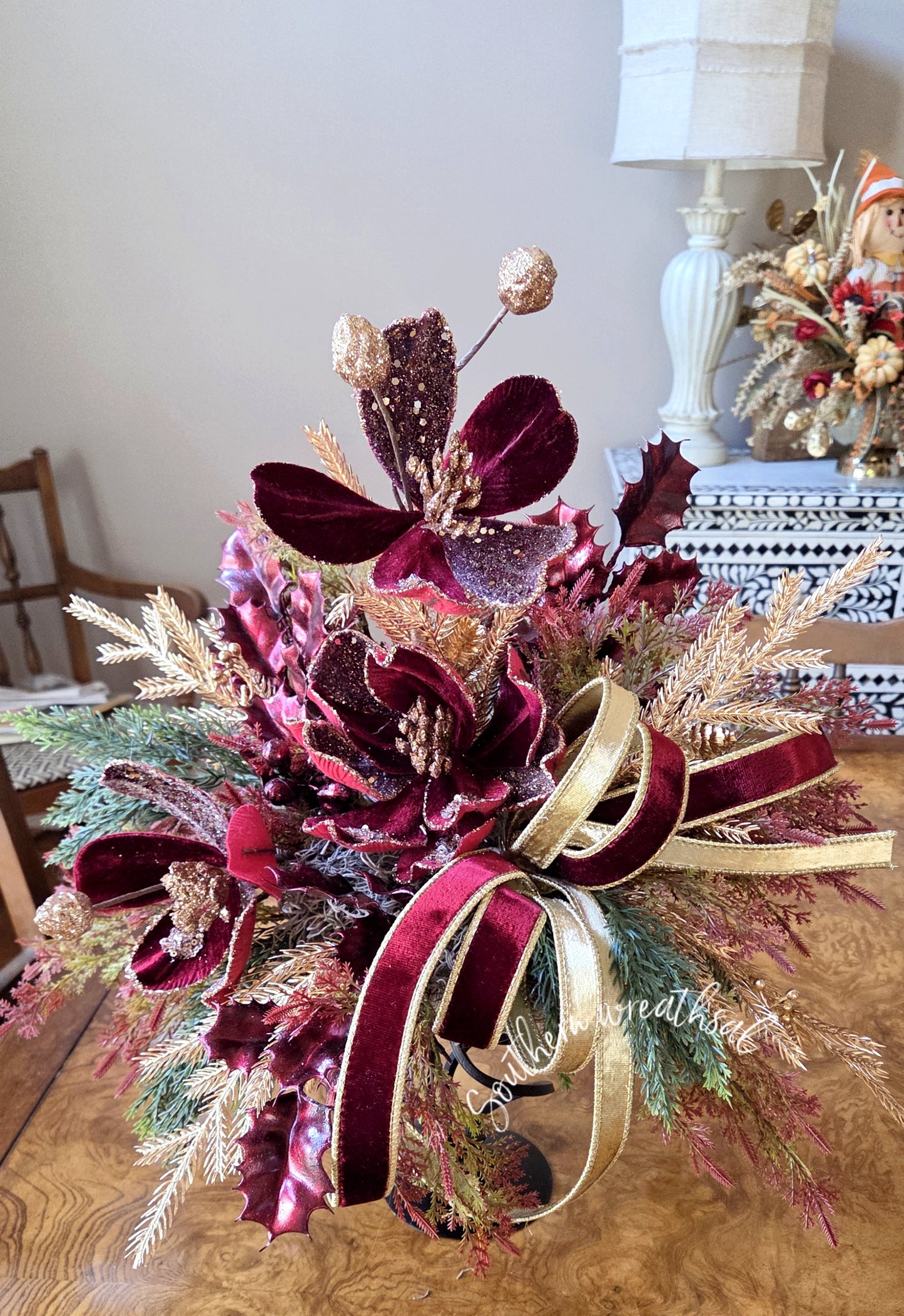 Burgundy & Gold Magnolia Christmas Centerpiece | Luxury Holiday Floral