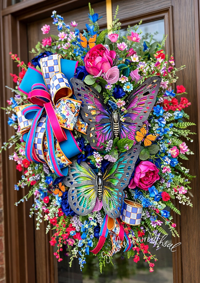 Double Butterfly Pink Spring Door Wreath
