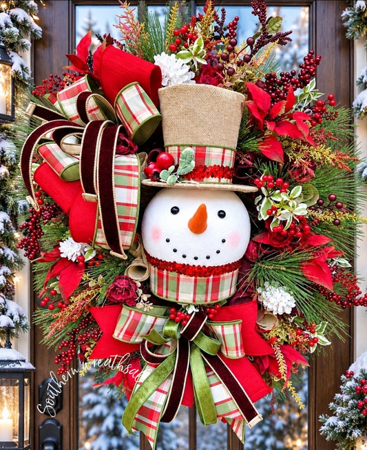 Jolly Snowman Winter Wreath, Christmas Snowman Front Door Wreath