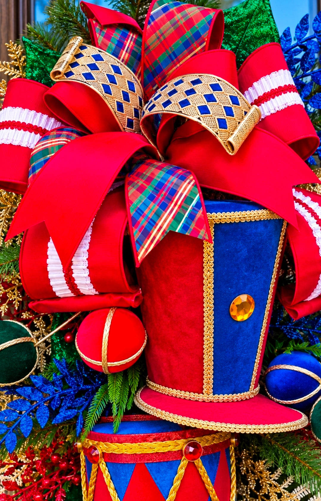 Christmas Nutcracker Drum Set Door Wreath- Red, Green and Blue