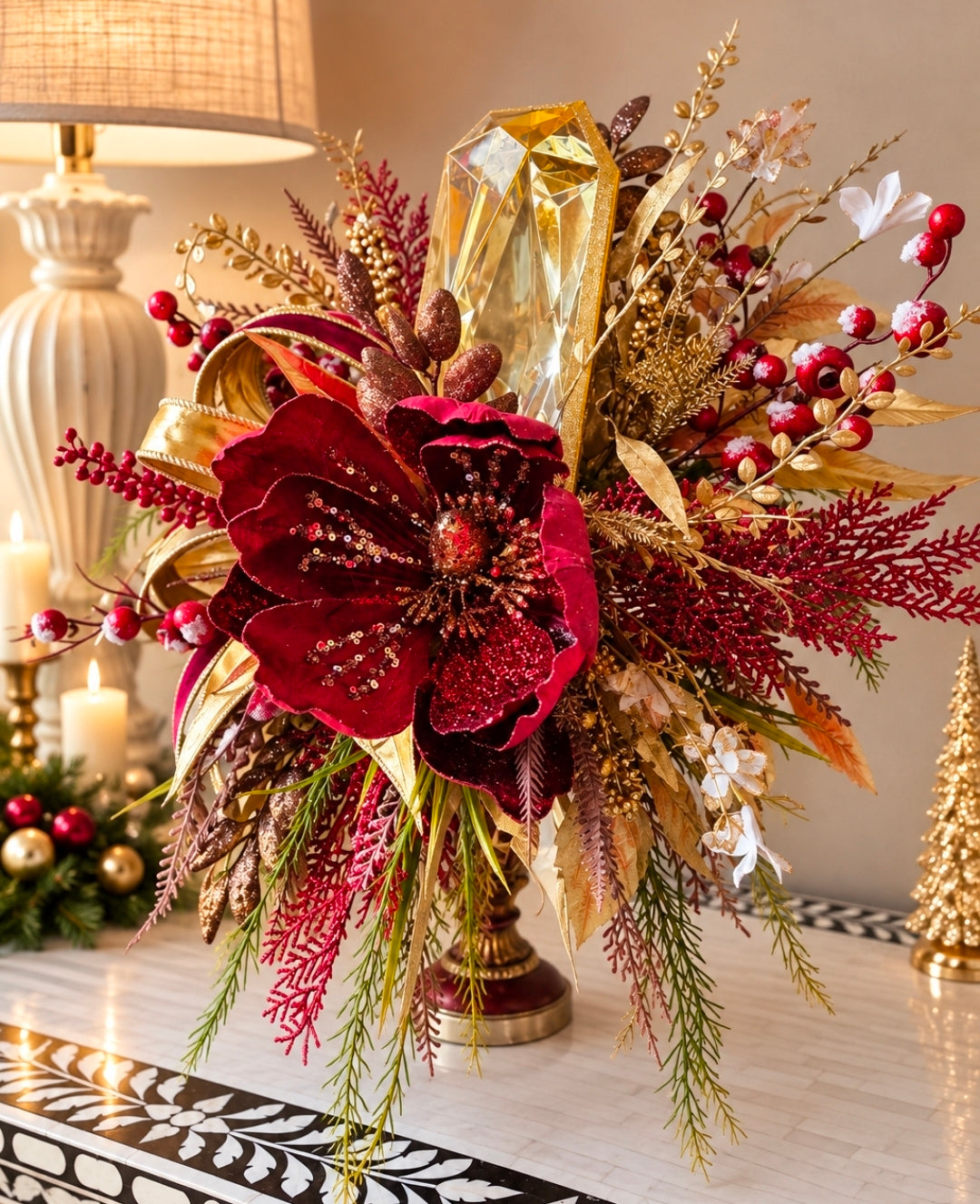 Burgundy and Gold Magnolia Christmas Arrangement, Elegant Holiday Centerpiece