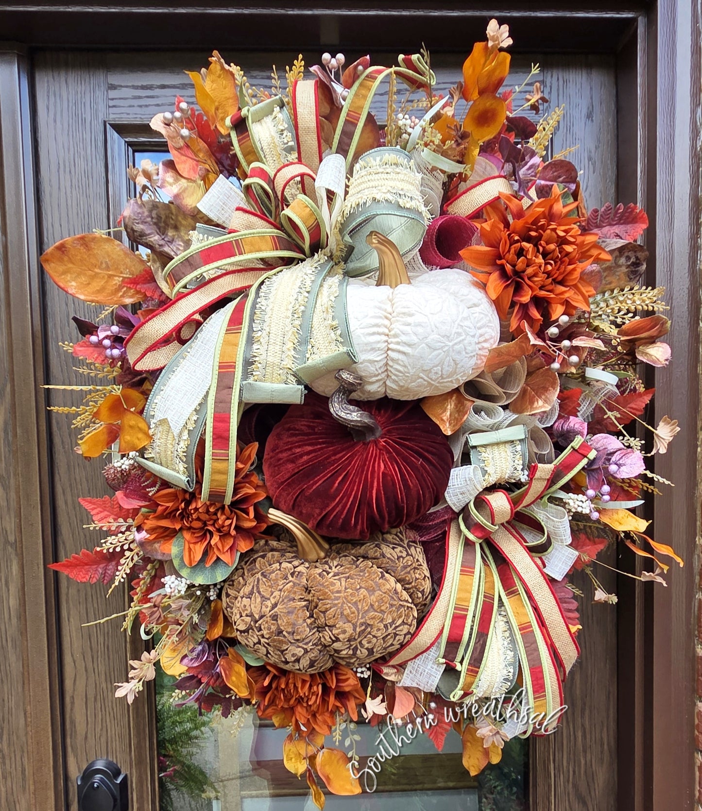 Deluxe Triple Velvet Pumpkin Fall Wreath