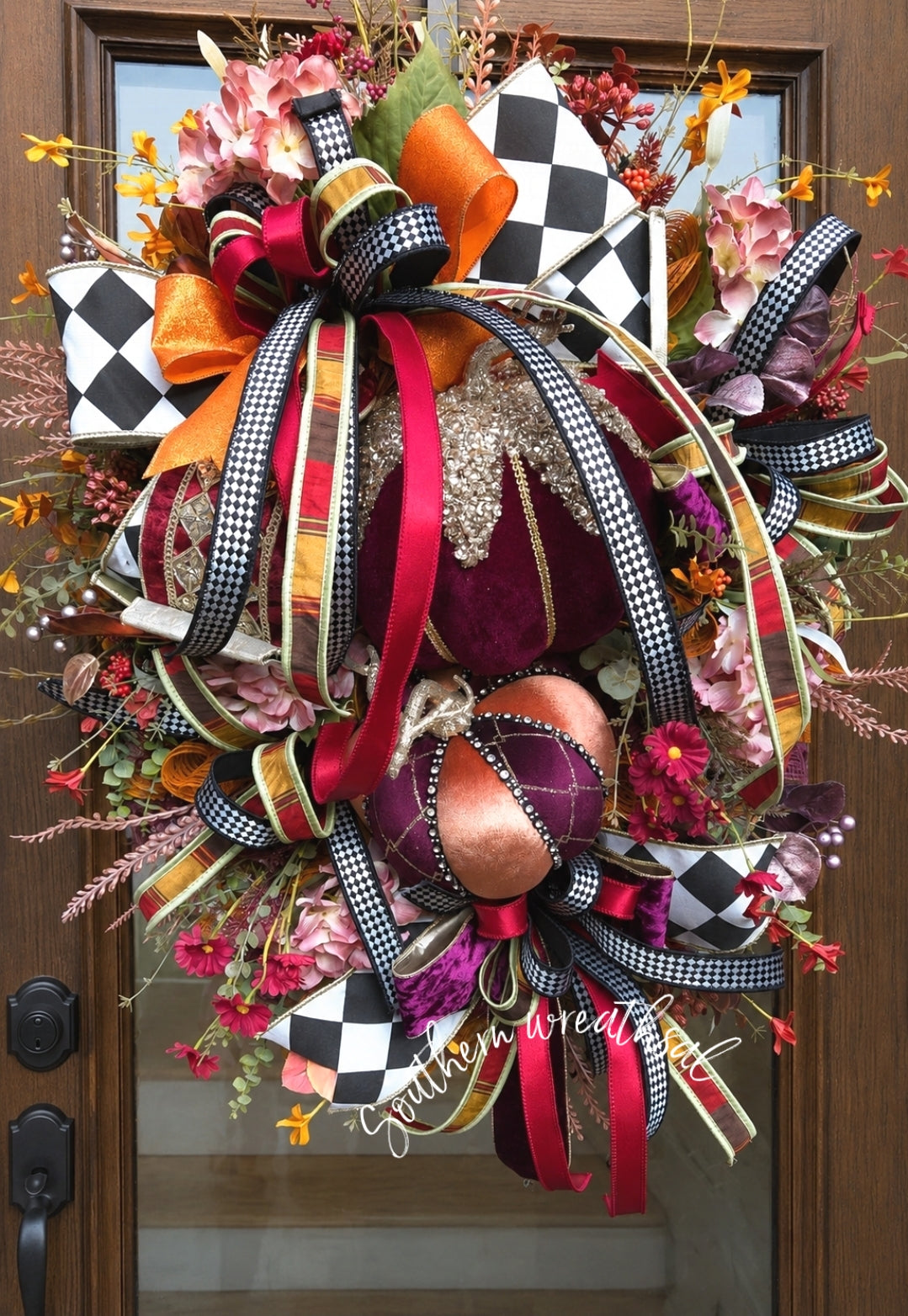 Luxury Burgundy Jeweled Fall Velvet Pumpkin Front Door Wreath