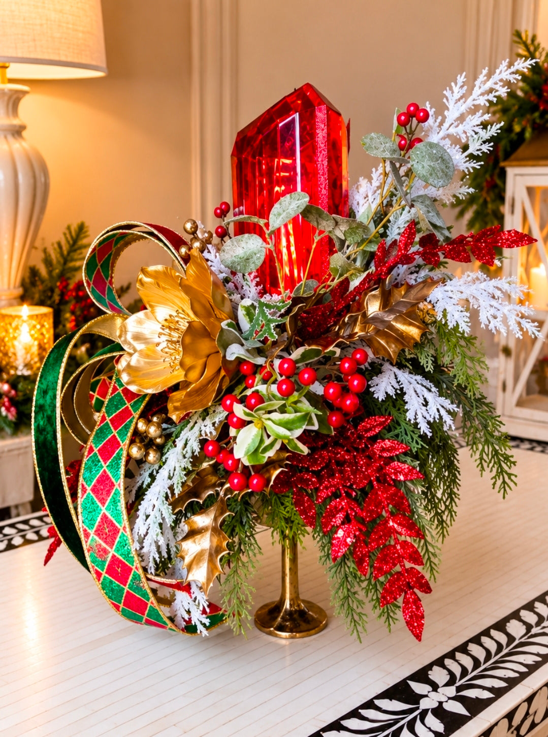 Luxury Red Jewel & Gold Magnolia Christmas Arrangement