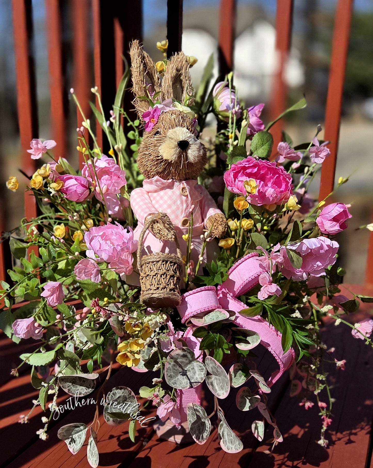 Easter Bunny Floral Centerpiece, Pink Peony Spring Decor Table Arrangement