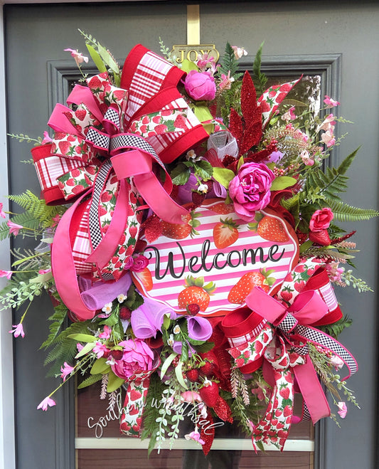 Summer Red Strawberry Welcome Door Wreath