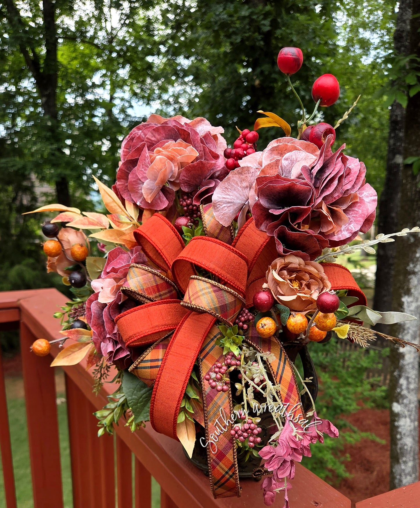 Elegant Hydrangea Fall Centerpiece, Burgundy Orange Autumn Floral Arrangement