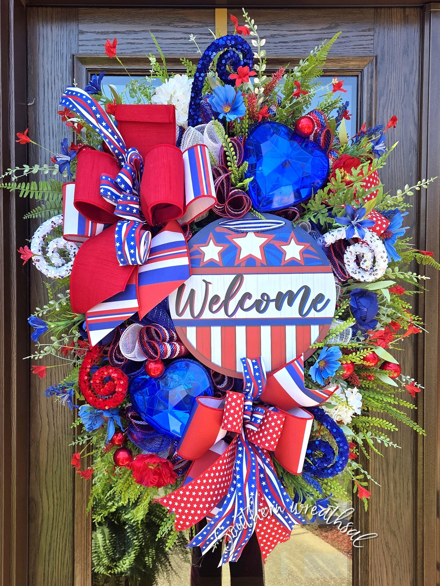 Patriotic Blue Heart Wreath, Americana Welcome Door Decor, July 4th Summer Wreath