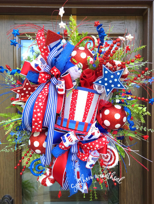 Deluxe Uncle Sam Patriotic Wreath, 4th of July Door Decor, Red White Blue Wreath