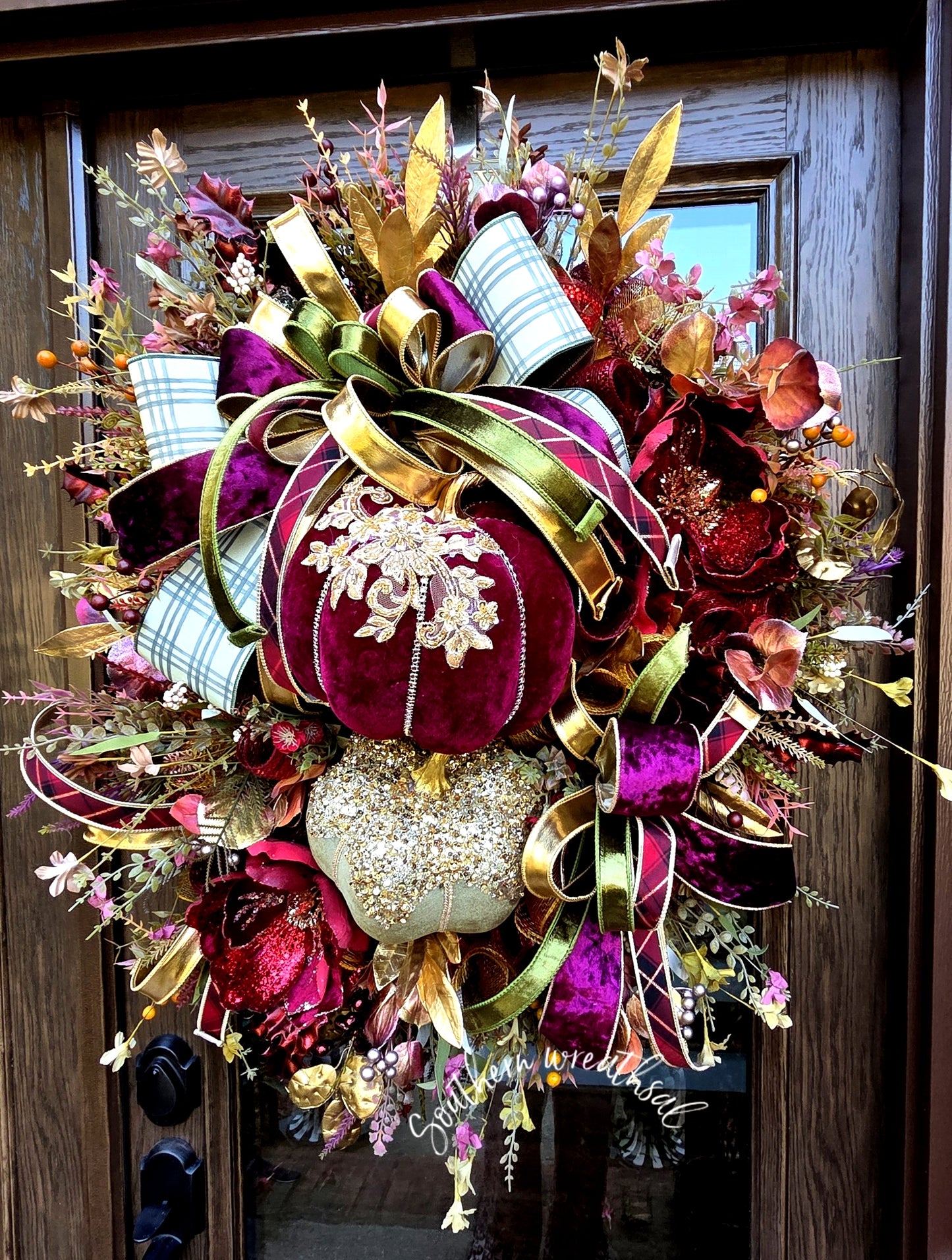 Glam Fall Pumpkin Wreath, Burgundy Velvet Pumpkin & Large Poinsettia Wreath