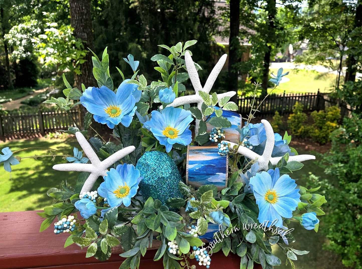Coastal Blue Floral Dough Bowl Arrangement