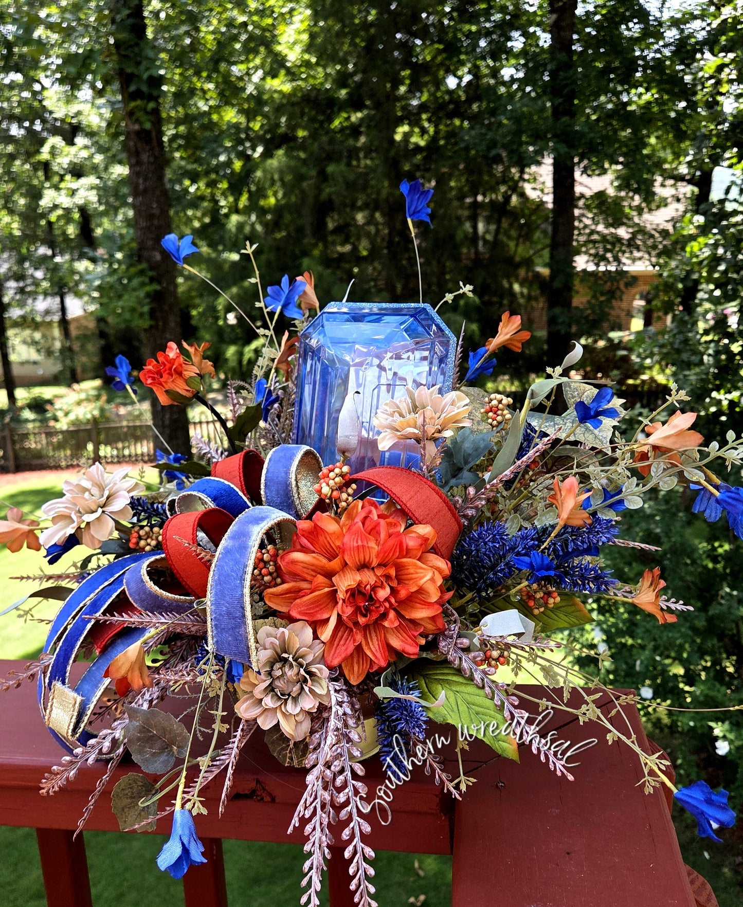 Luxury Blue Jewel Fall Centerpiece, Elegant Autumn Floral Arrangement