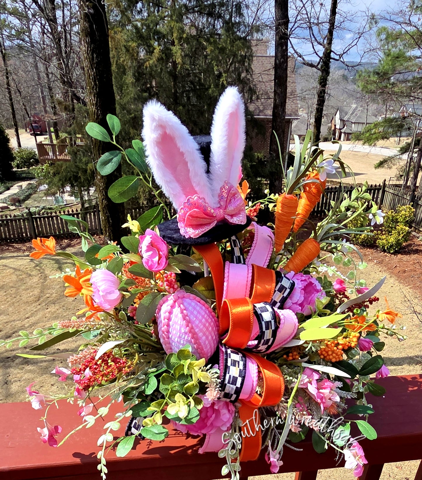 Pink Easter Bunny Floral Arrangement - Spring Bunny Centerpiece with Carrots