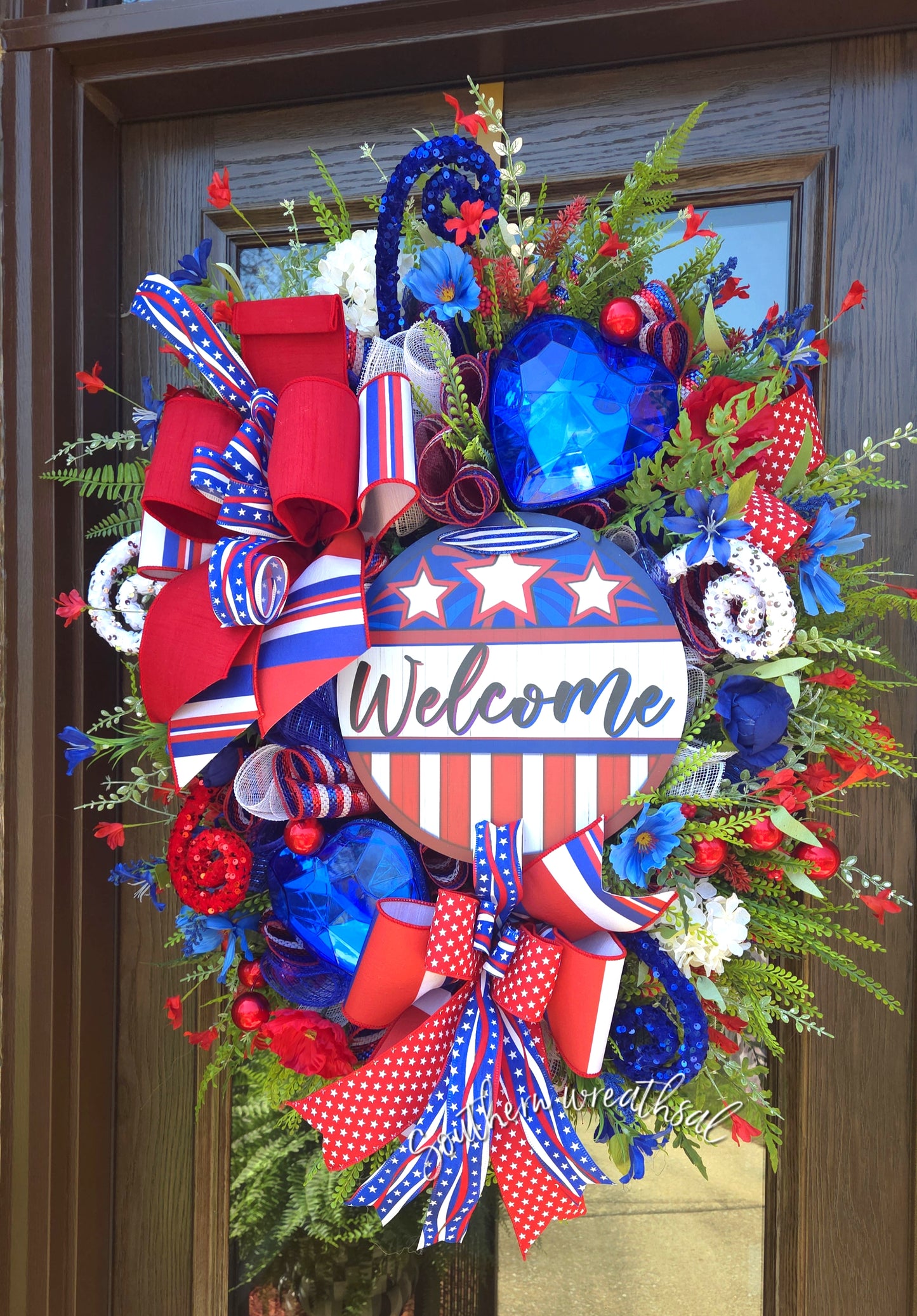 Patriotic Blue Heart Wreath, Americana Welcome Door Decor, July 4th Summer Wreath