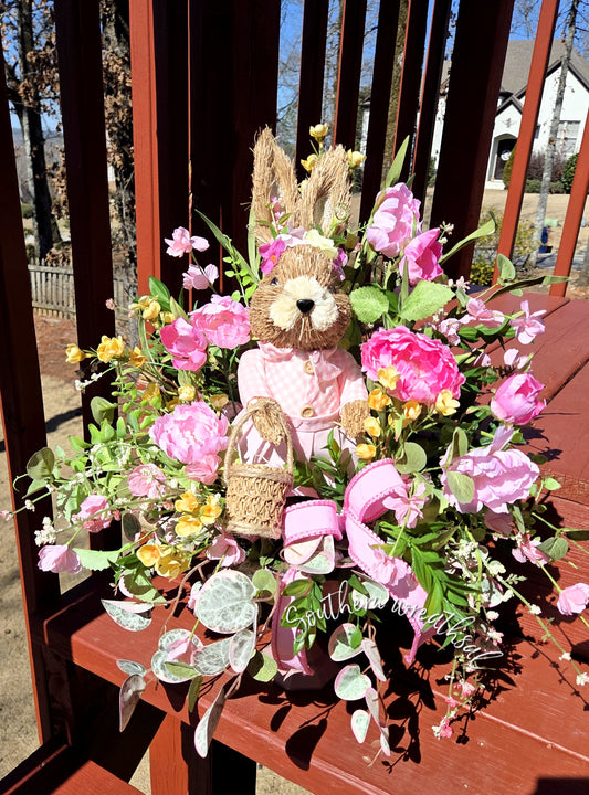 Easter Bunny Floral Centerpiece, Pink Peony Spring Decor Table Arrangement