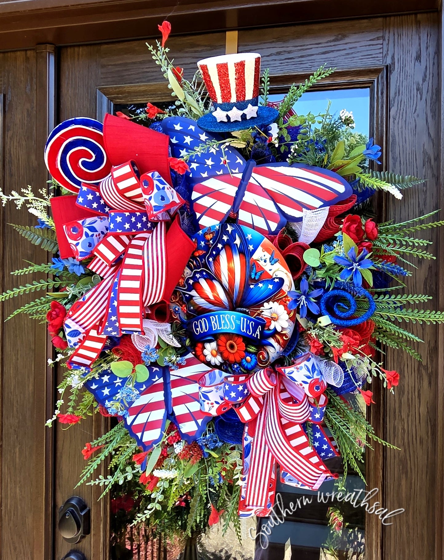 God Bless USA Butterfly Wreath, Red White Blue Americana Door Decor