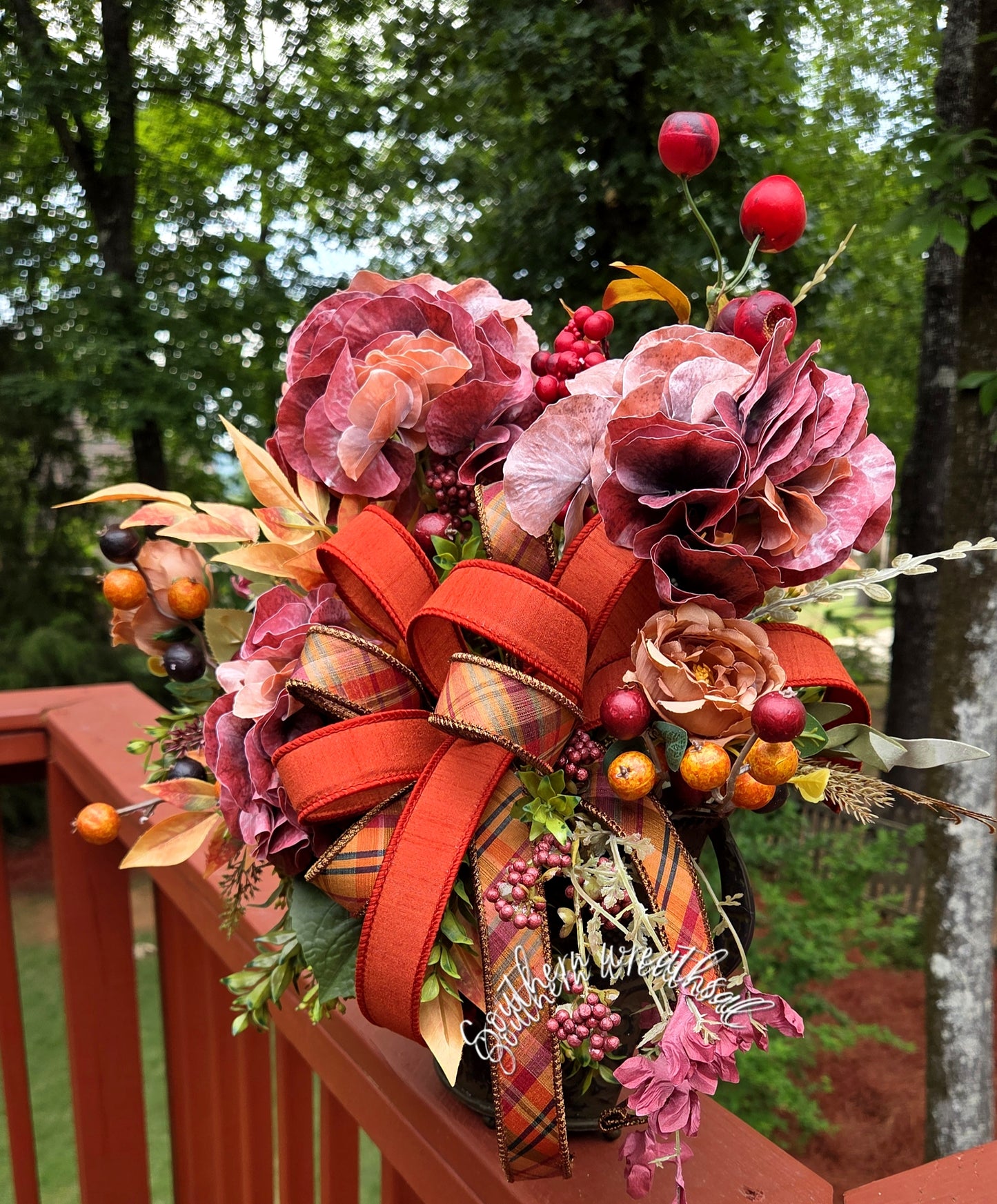Elegant Hydrangea Fall Centerpiece, Burgundy Orange Autumn Floral Arrangement