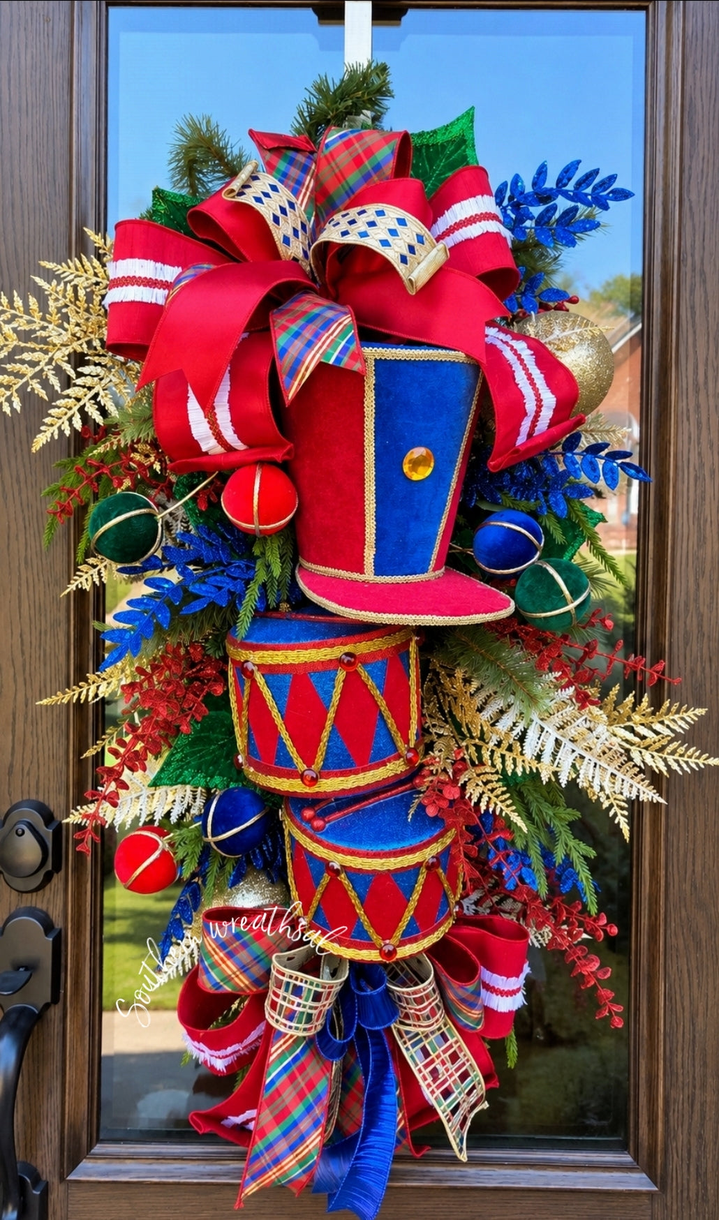 Christmas Nutcracker Drum Set Door Wreath- Red, Green and Blue