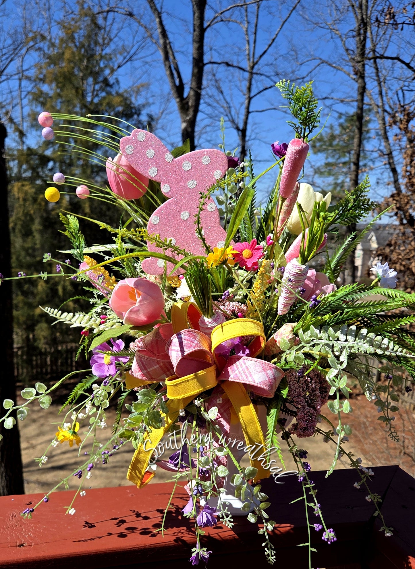 Pink Polka Dot Easter Bunny Arrangement, Spring Tulip Floral Centerpiece
