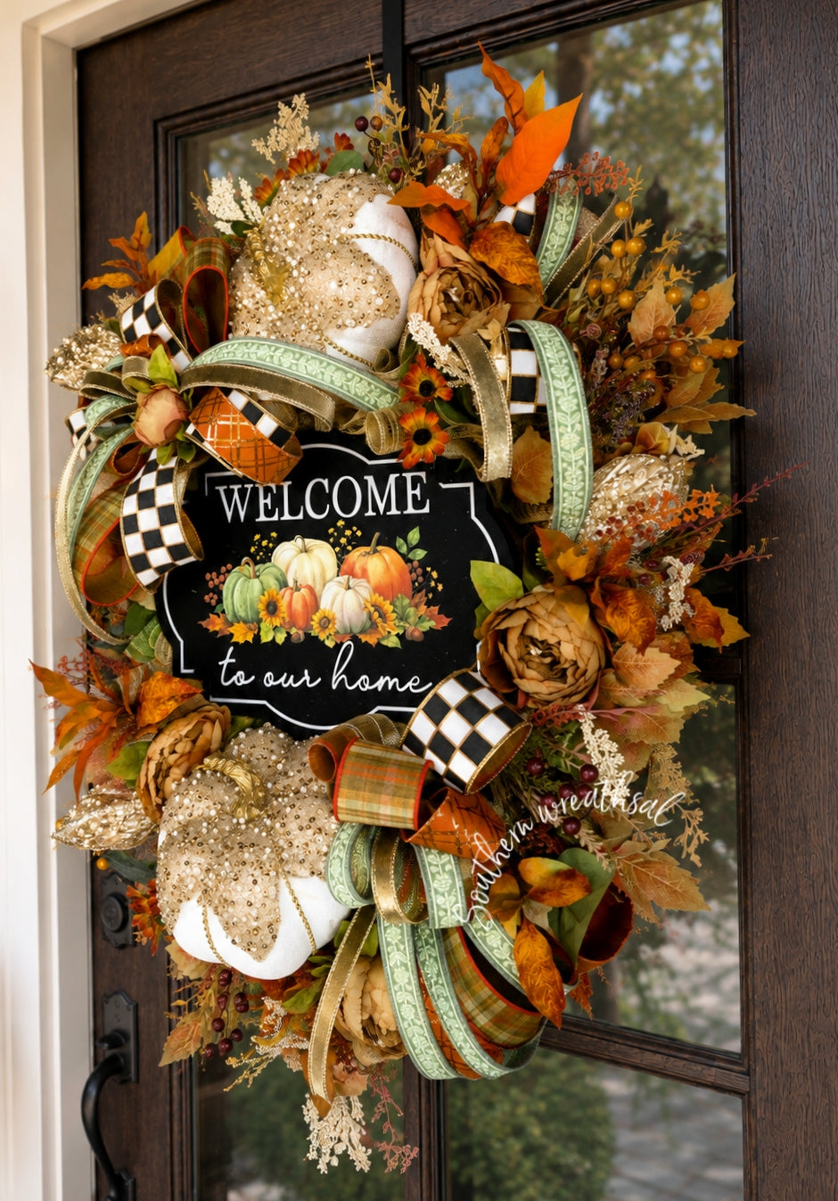 Luxury Jeweled Pumpkin Fall Wreath – Welcome to Our Home Designer Door Wreath