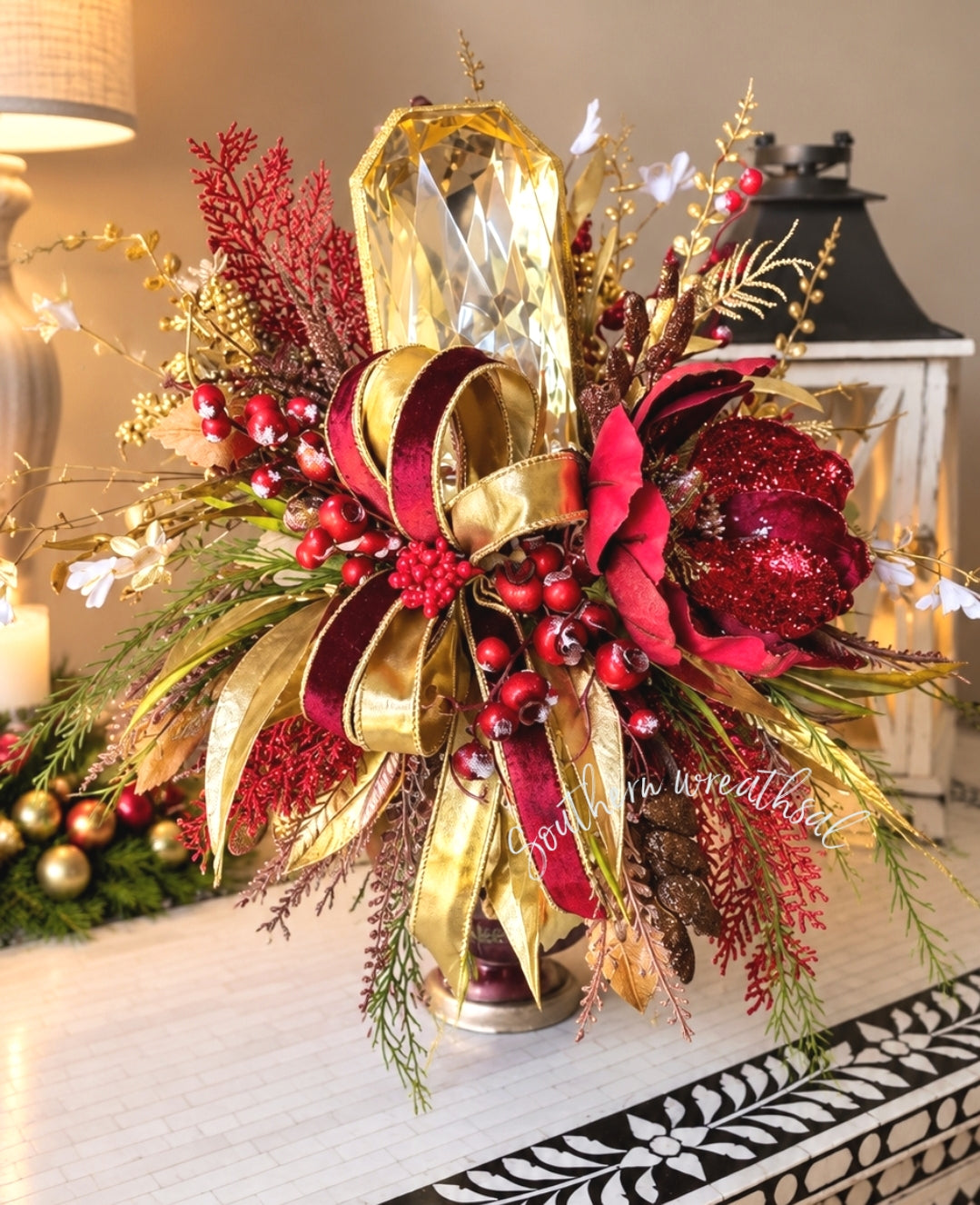 Burgundy and Gold Magnolia Christmas Arrangement, Elegant Holiday Centerpiece