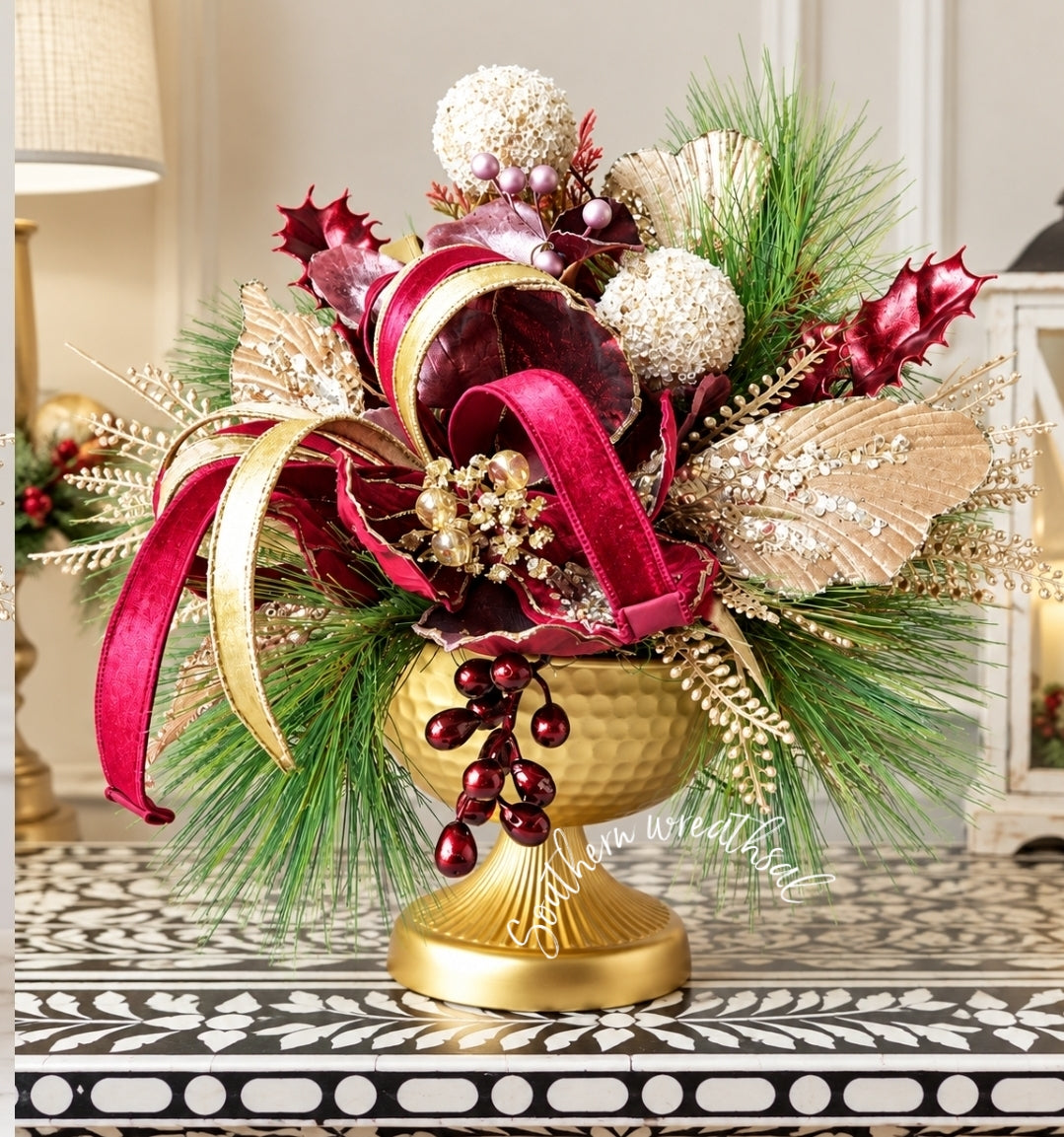 Elegant Burgundy Velvet Magnolia Christmas Centerpiece