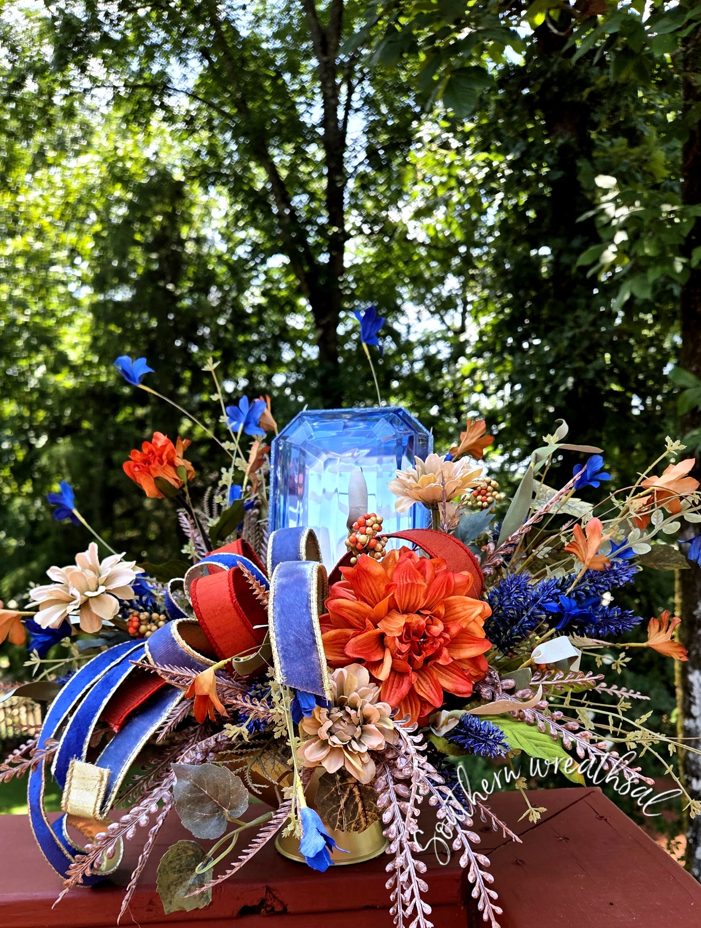 Luxury Blue Jewel Fall Centerpiece, Elegant Autumn Floral Arrangement