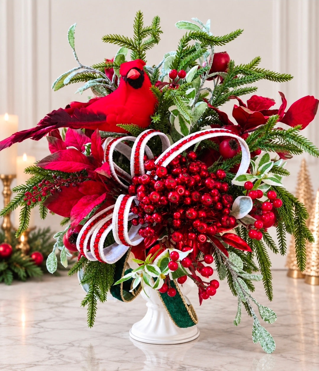 Winter Christmas Cardinal Arrangement, Red Cardinal Memorial Centerpiece