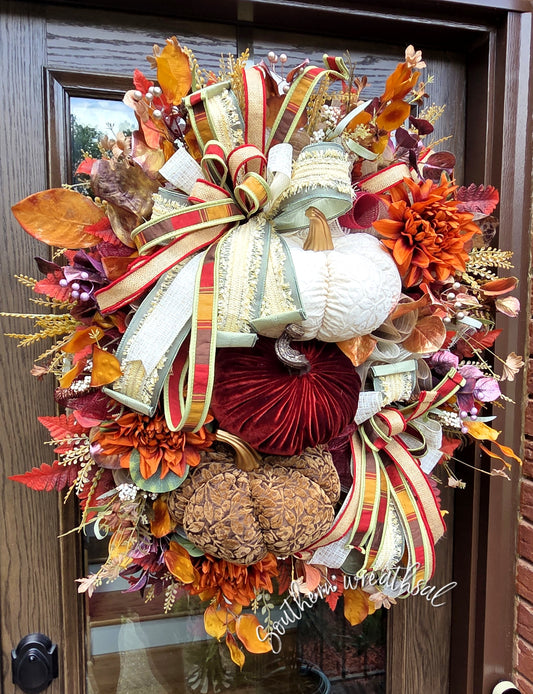 Deluxe Triple Velvet Pumpkin Fall Wreath