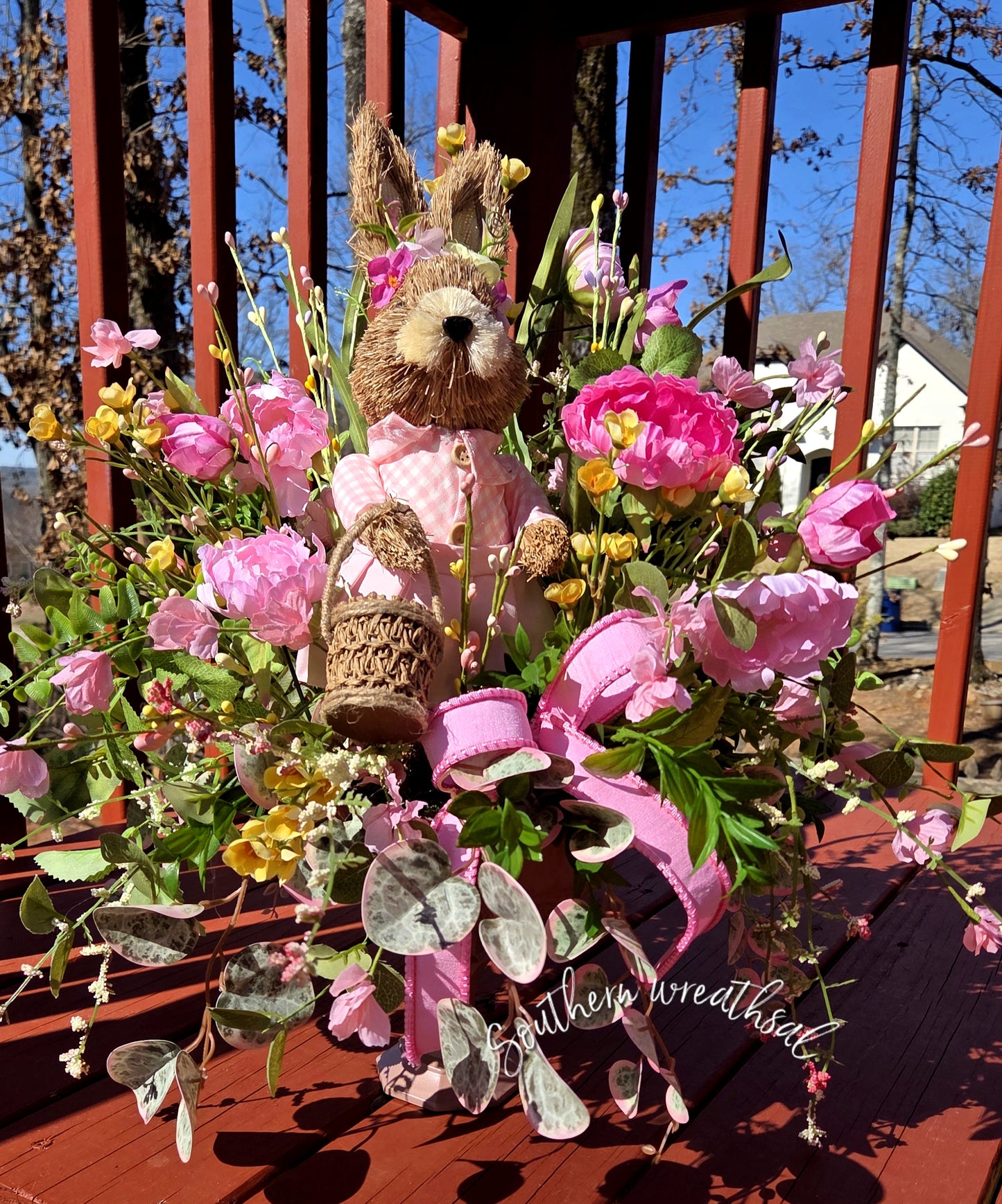 Easter Bunny Floral Centerpiece, Pink Peony Spring Decor Table Arrangement