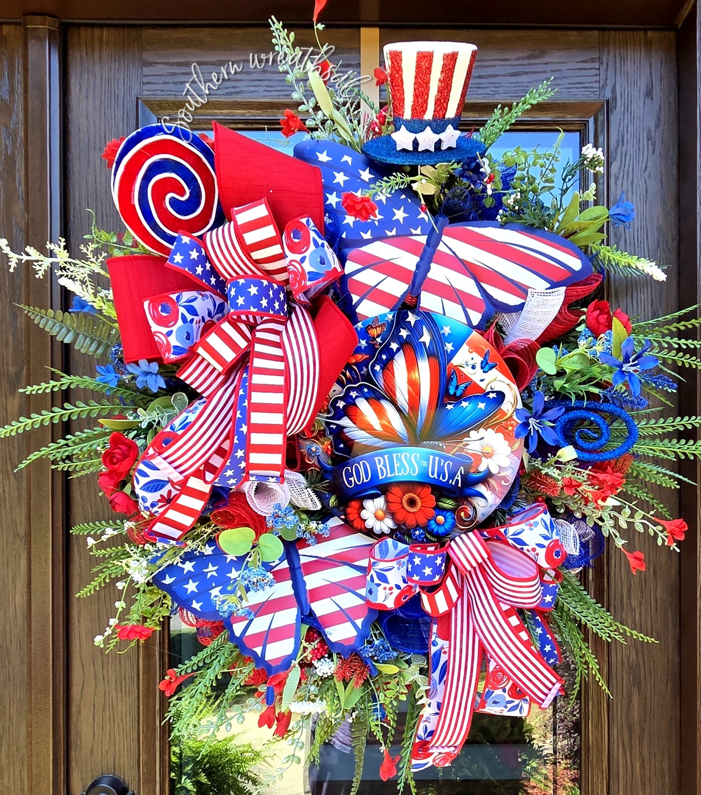 God Bless USA Butterfly Wreath, Red White Blue Americana Door Decor