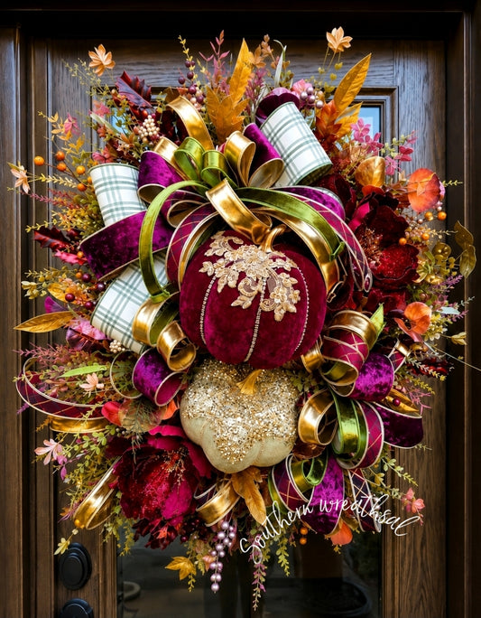 Glam Fall Pumpkin Wreath, Burgundy Velvet Pumpkin & Large Poinsettia Wreath