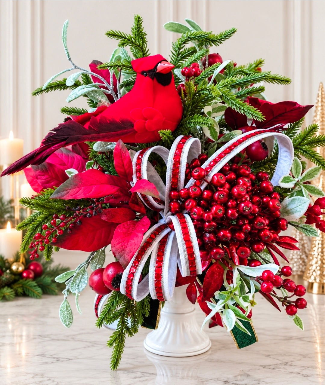 Winter Christmas Cardinal Arrangement, Red Cardinal Memorial Centerpiece